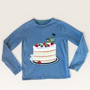 Mini Boden Blue Long-Sleeve Top with Cake and Bird Appliqué